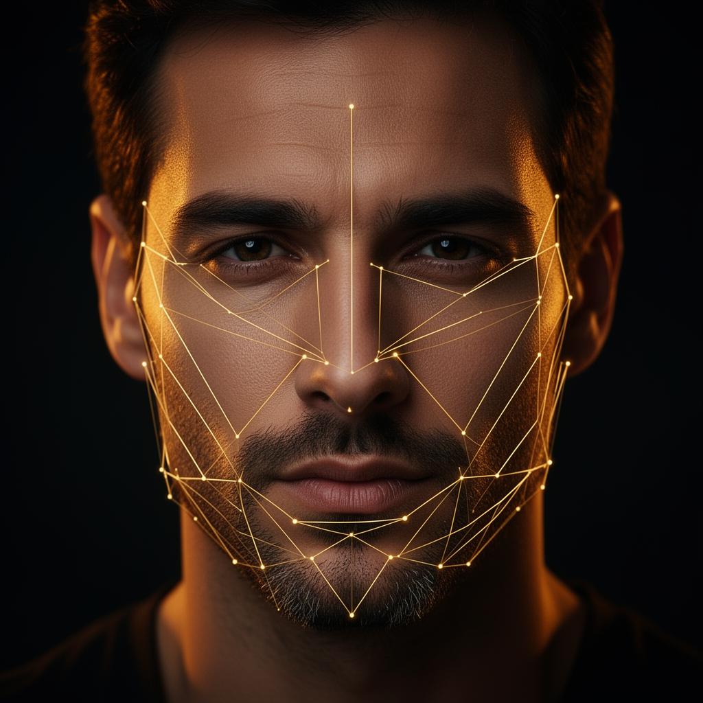 Rosto masculino com pontos de análise facial mapeados pela inteligência artificial